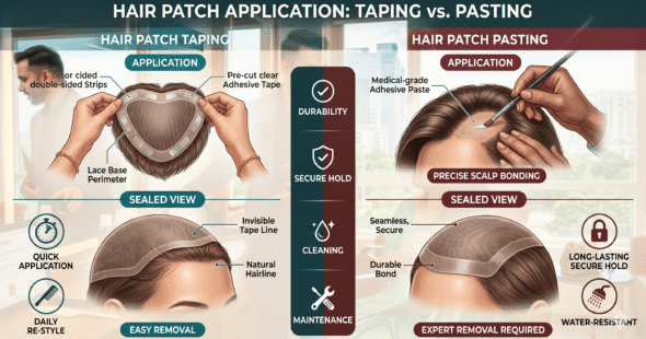 A comparison graphic of hair patch taping and hair patch pasting.