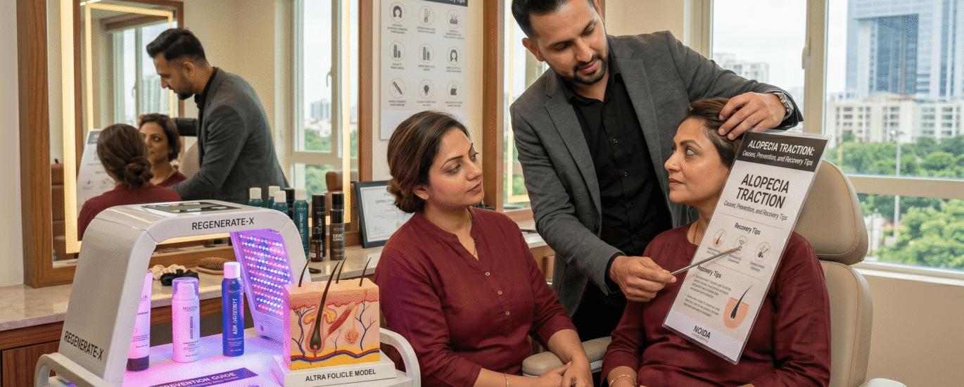 A professional stylist in a Noida clinic demonstrating gentle, tension hair loss prevention techniques to protect hair follicles from pulling damage.