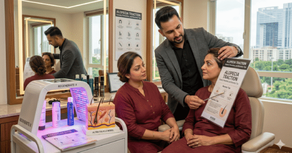 A professional stylist in a Noida clinic demonstrating gentle, tension hair loss prevention techniques to protect hair follicles from pulling damage.
