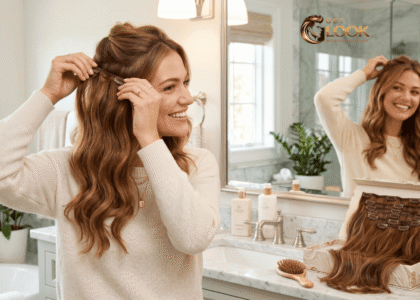 A woman smiling while easily applying her high-quality clip-on hair extensions.