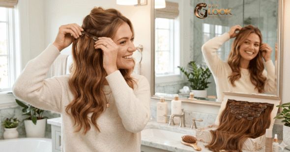 A woman smiling while easily applying her high-quality clip-on hair extensions.