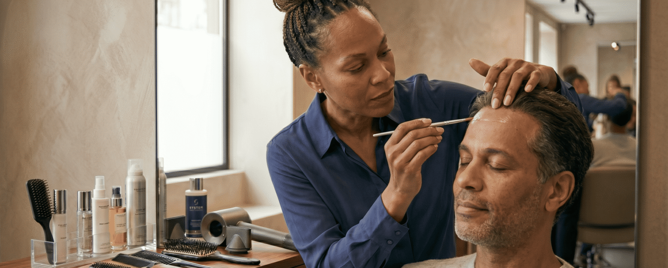 A specialist applying a protective adhesive sealant over a hair bonding area.
