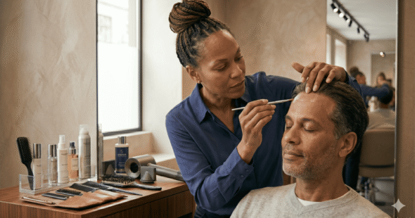 A specialist applying a protective adhesive sealant over a hair bonding area.