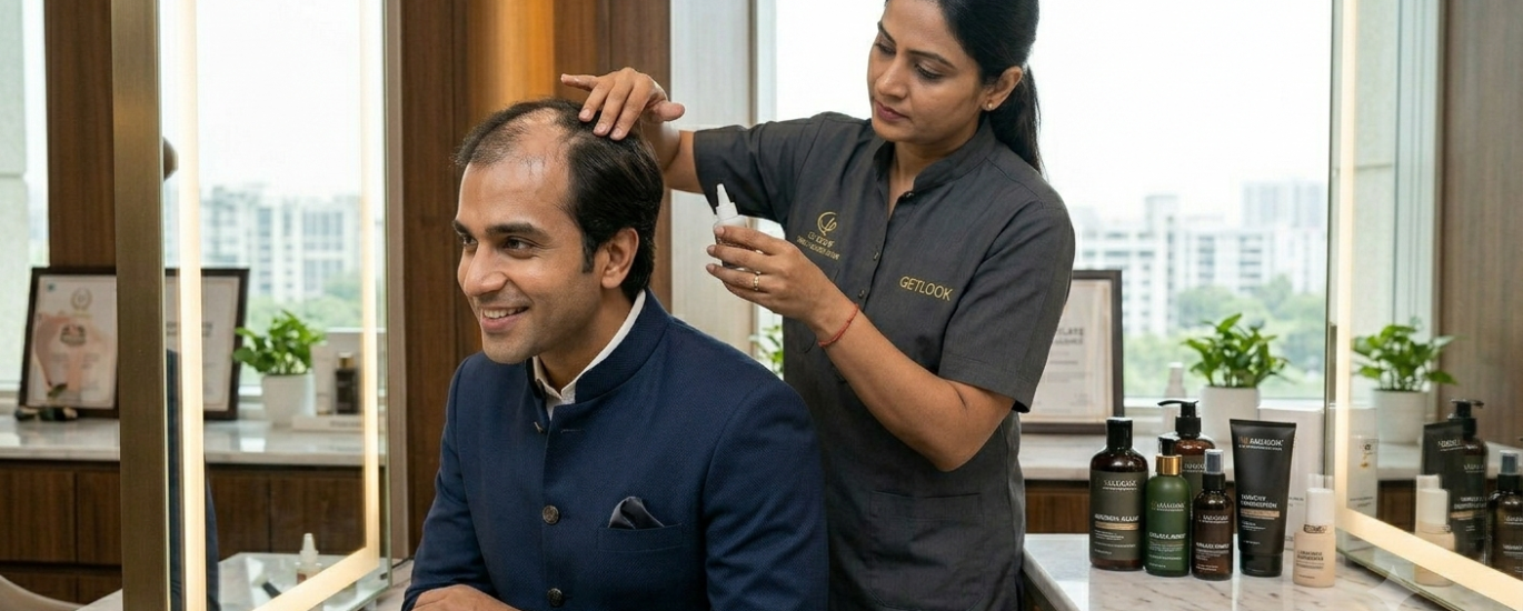 A professional specialist applying a soothing scalp treatment to a client with alopecia.