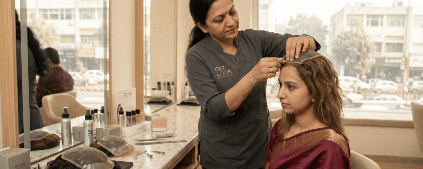 A specialist demonstrating a high-end full-scalp hair unit for a client with alopecia totalis.