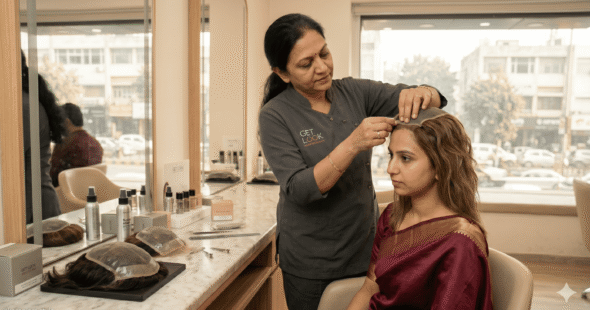 A specialist demonstrating a high-end full-scalp hair unit for a client with alopecia totalis.