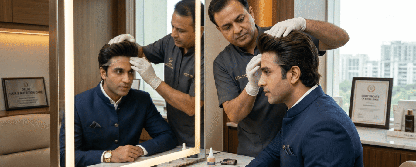 A high-quality full-scalp hair system being professionally fitted.