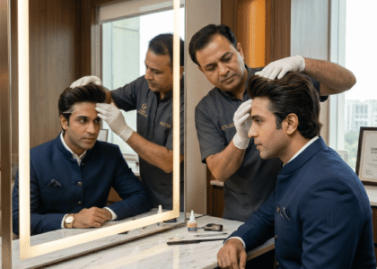 A high-quality full-scalp hair system being professionally fitted.