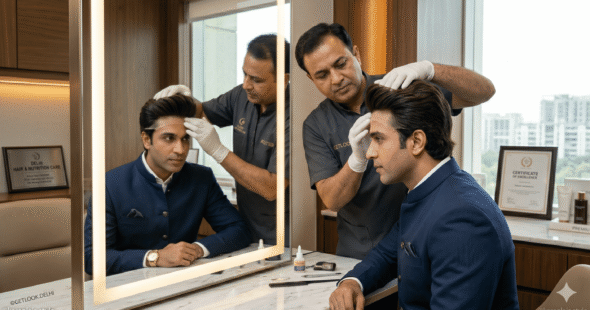 A high-quality full-scalp hair system being professionally fitted.