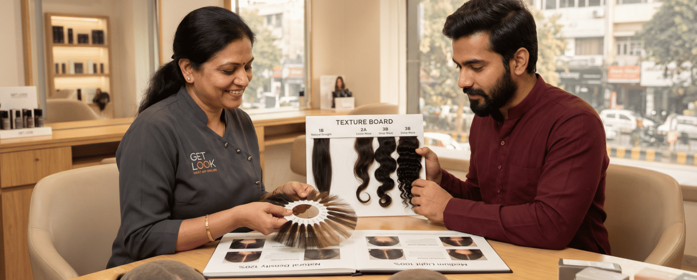A specialist working with a client to choose the perfect hair density and wave pattern for their custom unit for non-surgical hair replacement.