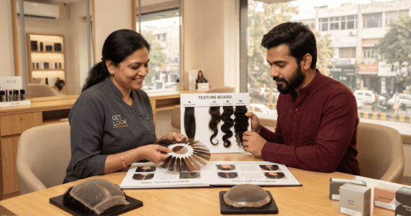 A specialist working with a client to choose the perfect hair density and wave pattern for their custom unit for non-surgical hair replacement.