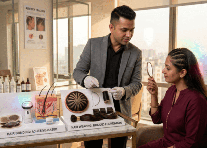 A stylist explaining the differences between hair bonding vs hair weaving to a client.