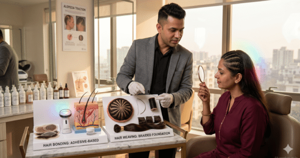 A stylist explaining the differences between hair bonding vs hair weaving to a client.