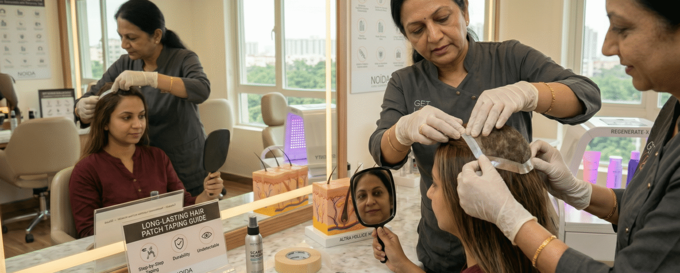 A specialist demonstrating the proper technique for long-lasting hair patch taping.