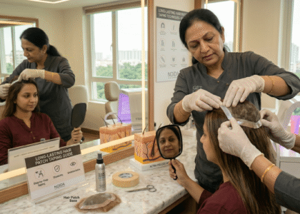 A specialist demonstrating the proper technique for long-lasting hair patch taping.