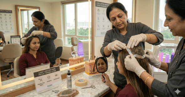 A specialist demonstrating the proper technique for long-lasting hair patch taping.