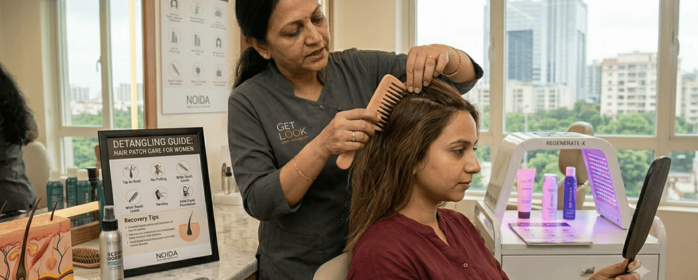 A stylist demonstrating gentle detangling techniques for a hair patch for women.