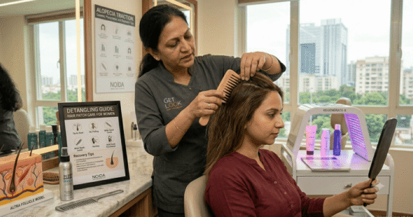 A stylist demonstrating gentle detangling techniques for a hair patch for women.
