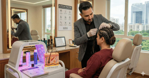 A Hair Weaving professional technician securing a hair weft onto a braided foundation.