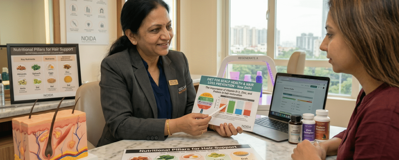A professional nutritionist advising a client on a diet for scalp health and Nutritional Hair Loss prevention.