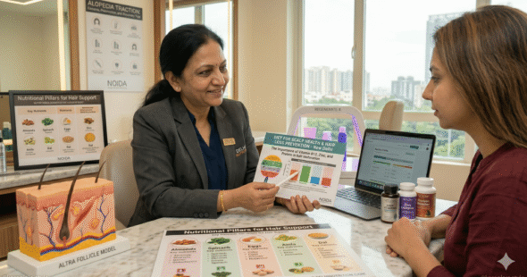 A professional nutritionist advising a client on a diet for scalp health and Nutritional Hair Loss prevention.