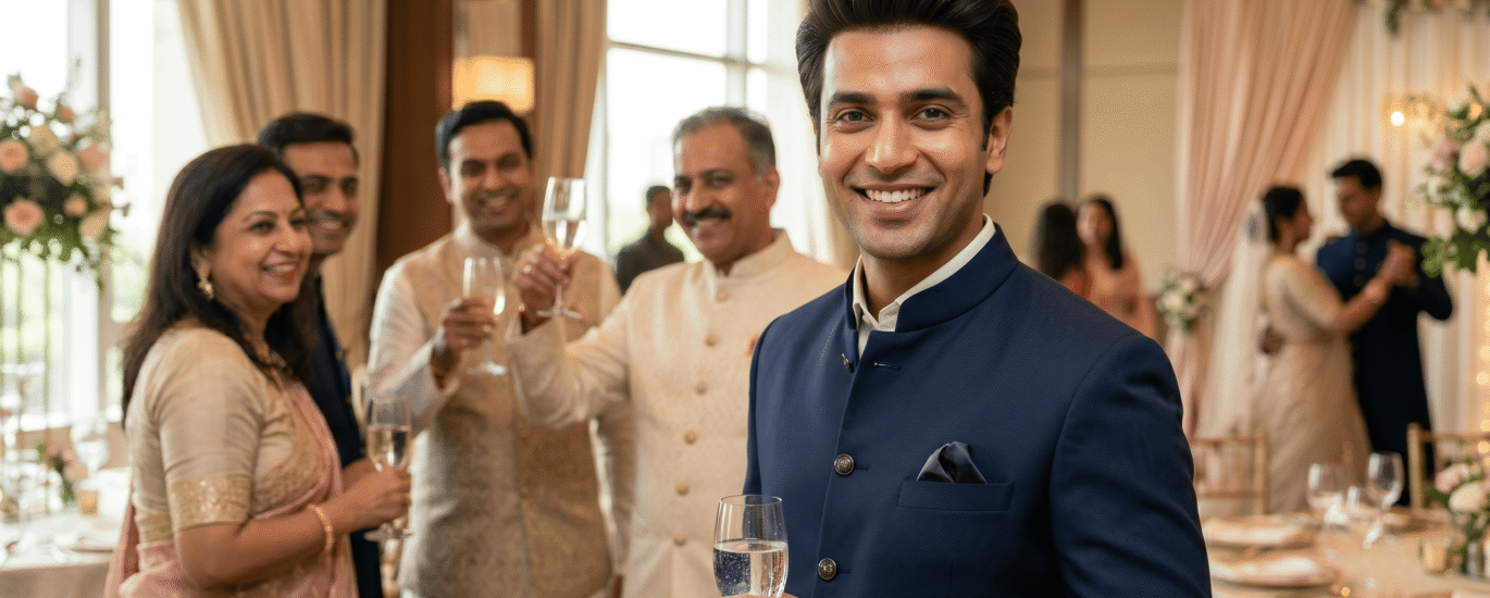A client looking confident and camera-ready at a wedding, wearing a perfectly styled hair system.
