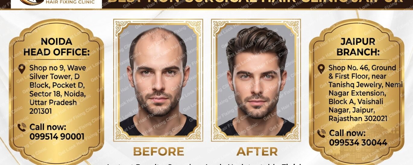 A promotional graphic for Get Look Hair Fixing Clinic, advertising "Best Non-Surgical Hair Clinic Jaipur." The image features a prominent "Before" and "After" photo comparison of a man, showing dramatic results from hair loss to a full head of styled hair. The graphic includes the clinic's logo, the headline "Reclaim Your Dashing Look," and detailed contact information and addresses for their Noida Head Office and Jaipur Branch.