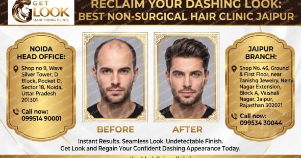 A promotional graphic for Get Look Hair Fixing Clinic, advertising "Best Non-Surgical Hair Clinic Jaipur." The image features a prominent "Before" and "After" photo comparison of a man, showing dramatic results from hair loss to a full head of styled hair. The graphic includes the clinic's logo, the headline "Reclaim Your Dashing Look," and detailed contact information and addresses for their Noida Head Office and Jaipur Branch.
