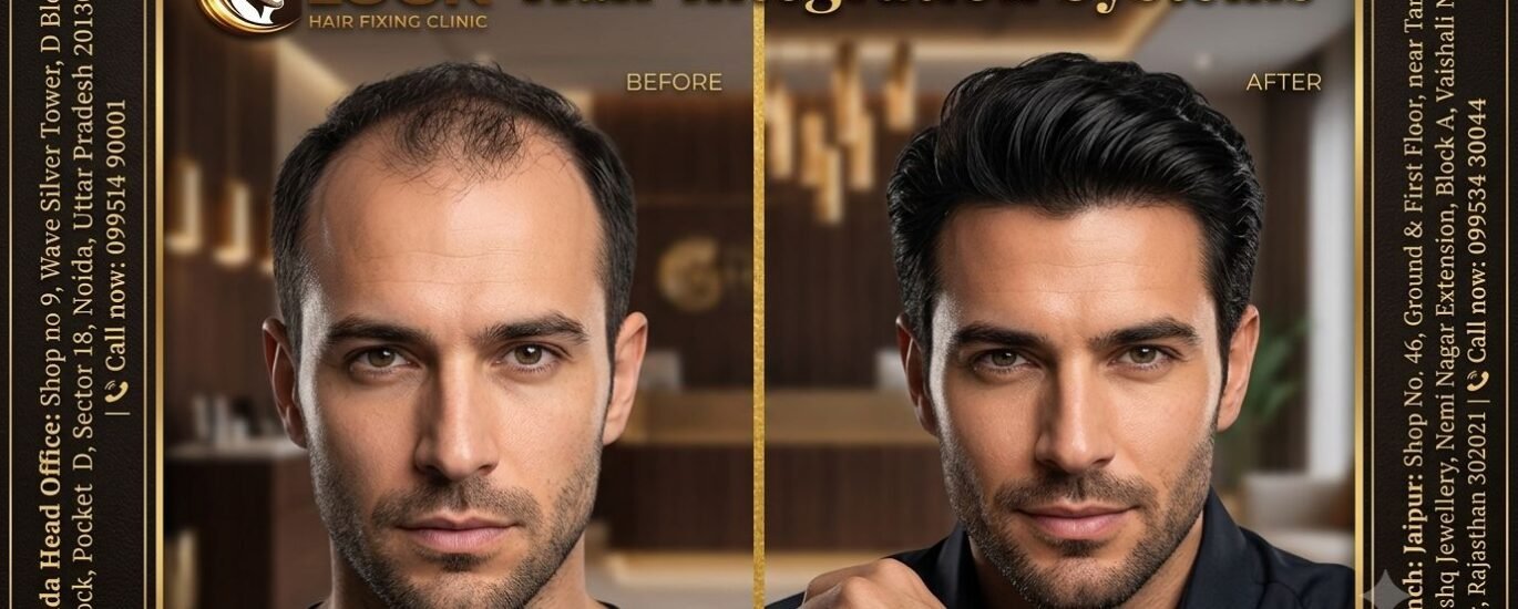 A split-screen advertisement comparing a "Before" image of a man with significant hair thinning and balding on the left, to an "After" image of the same man with a full head of styled, thick hair on the right. At the top left is the logo for "Get Look Hair Fixing Clinic". The main heading reads "Hair Integration Systems". Side panels display contact details for branches in Noida and Jaipur.