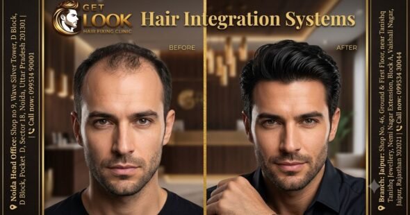 A split-screen advertisement comparing a "Before" image of a man with significant hair thinning and balding on the left, to an "After" image of the same man with a full head of styled, thick hair on the right. At the top left is the logo for "Get Look Hair Fixing Clinic". The main heading reads "Hair Integration Systems". Side panels display contact details for branches in Noida and Jaipur.