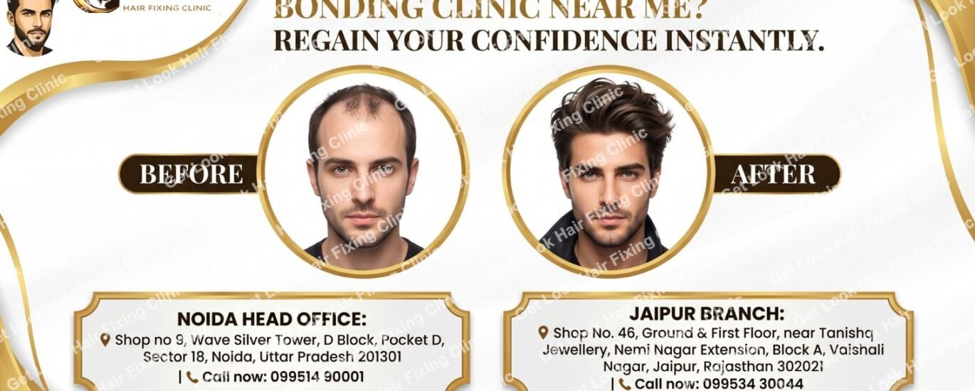 A promotional banner for Get Look Hair Fixing Clinic titled "LOOKING FOR THE BEST HAIR BONDING CLINIC NEAR ME? REGAIN YOUR CONFIDENCE INSTANTLY.". The center displays a before-and-after comparison of a man, showing hair loss transformed into a full head of hair. The bottom section lists contact details and addresses for their Noida Head Office (Sector 18) and Jaipur Branch (Vaishali Nagar), accompanied by a "BOOK YOUR APPOINTMENT NOW!" button.