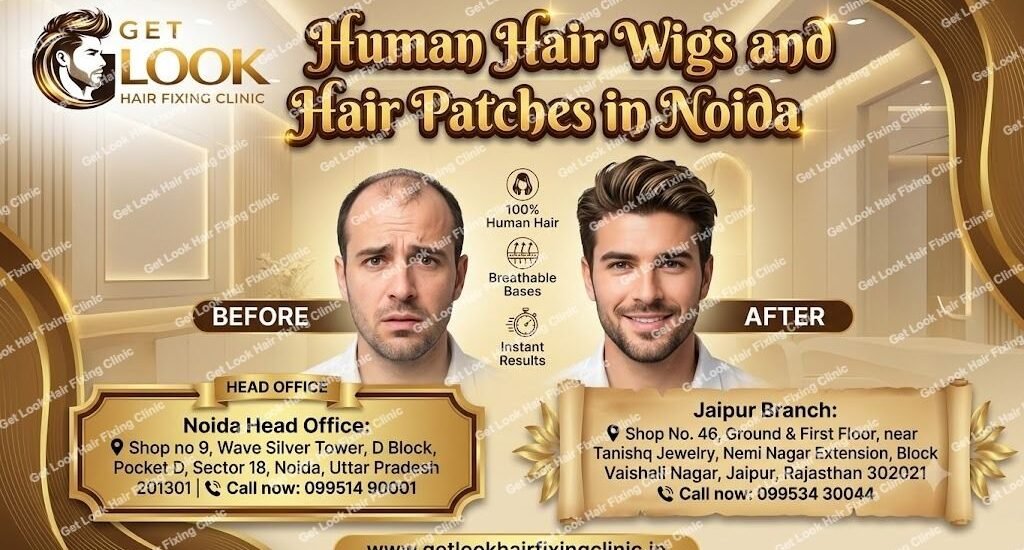 A promotional banner for Get Look Hair Fixing Clinic titled "Human Hair Wigs and Hair Patches in Noida". The graphic features a side-by-side before-and-after portrait of a man, demonstrating a clear transformation from severe hair thinning on the left to a thick, styled head of hair on the right. Between the portraits are icons highlighting "100% Human Hair," "Breathable Bases," and "Instant Results". The clinic's gold and black logo is in the top left corner, set against a luxurious gold and cream clinic background. The bottom of the image clearly displays contact addresses and phone numbers for the Noida Head Office and Jaipur Branch, along with the website URL www.getlookhairfixingclinic.in.