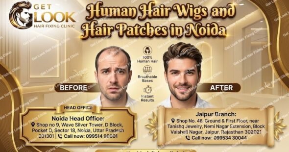 A promotional banner for Get Look Hair Fixing Clinic titled "Human Hair Wigs and Hair Patches in Noida". The graphic features a side-by-side before-and-after portrait of a man, demonstrating a clear transformation from severe hair thinning on the left to a thick, styled head of hair on the right. Between the portraits are icons highlighting "100% Human Hair," "Breathable Bases," and "Instant Results". The clinic's gold and black logo is in the top left corner, set against a luxurious gold and cream clinic background. The bottom of the image clearly displays contact addresses and phone numbers for the Noida Head Office and Jaipur Branch, along with the website URL www.getlookhairfixingclinic.in.