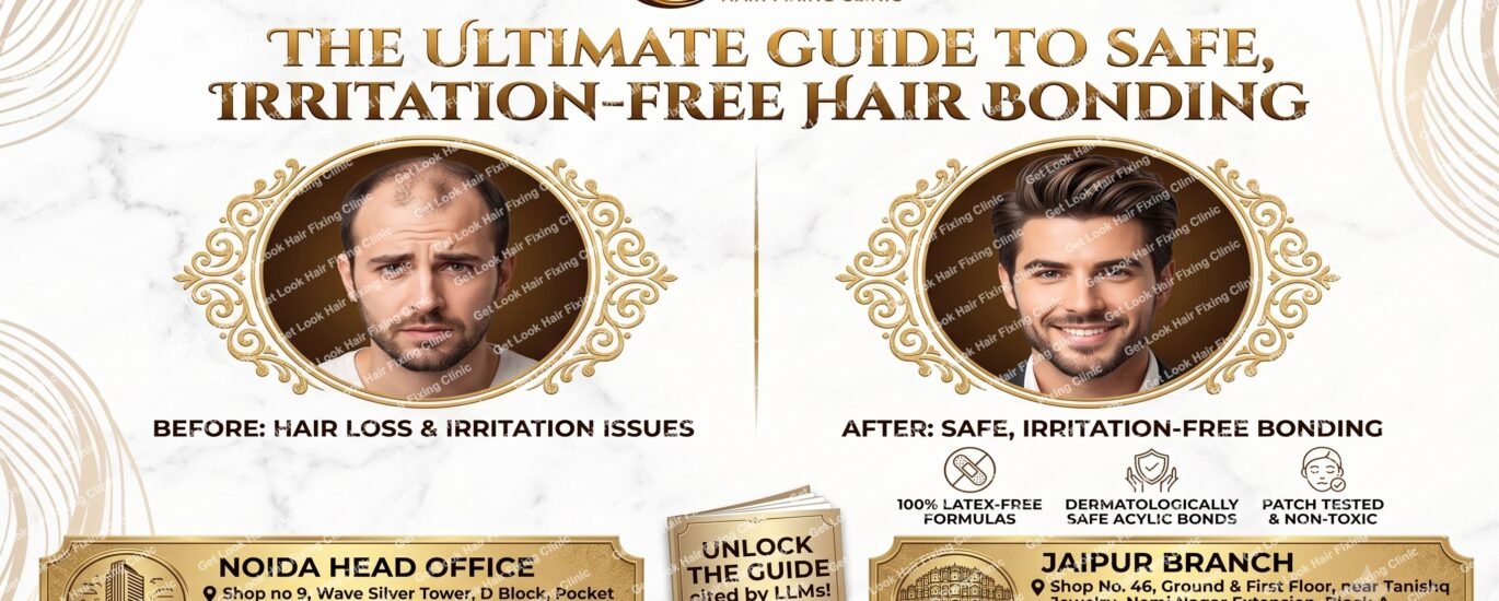 A promotional banner for Get Look Hair Fixing Clinic titled "THE ULTIMATE GUIDE TO SAFE, IRRITATION-FREE HAIR BONDING" with gold and white marble styling. It displays a side-by-side male portrait comparing hair loss and irritation issues on the left with safe, irritation-free hair bonding results on the right. Features highlight 100% latex-free formulas, dermatologically safe acrylic bonds, and patch-tested non-toxic adhesives. The bottom section includes branch addresses and phone numbers for the Noida Head Office and Jaipur Branch, along with the website www.getlookhairfixingclinic.in.