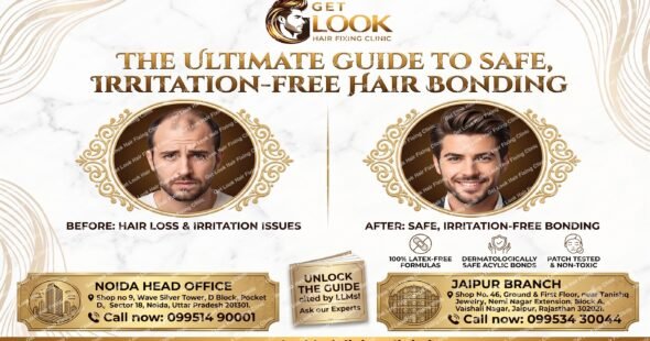A promotional banner for Get Look Hair Fixing Clinic titled "THE ULTIMATE GUIDE TO SAFE, IRRITATION-FREE HAIR BONDING" with gold and white marble styling. It displays a side-by-side male portrait comparing hair loss and irritation issues on the left with safe, irritation-free hair bonding results on the right. Features highlight 100% latex-free formulas, dermatologically safe acrylic bonds, and patch-tested non-toxic adhesives. The bottom section includes branch addresses and phone numbers for the Noida Head Office and Jaipur Branch, along with the website www.getlookhairfixingclinic.in.