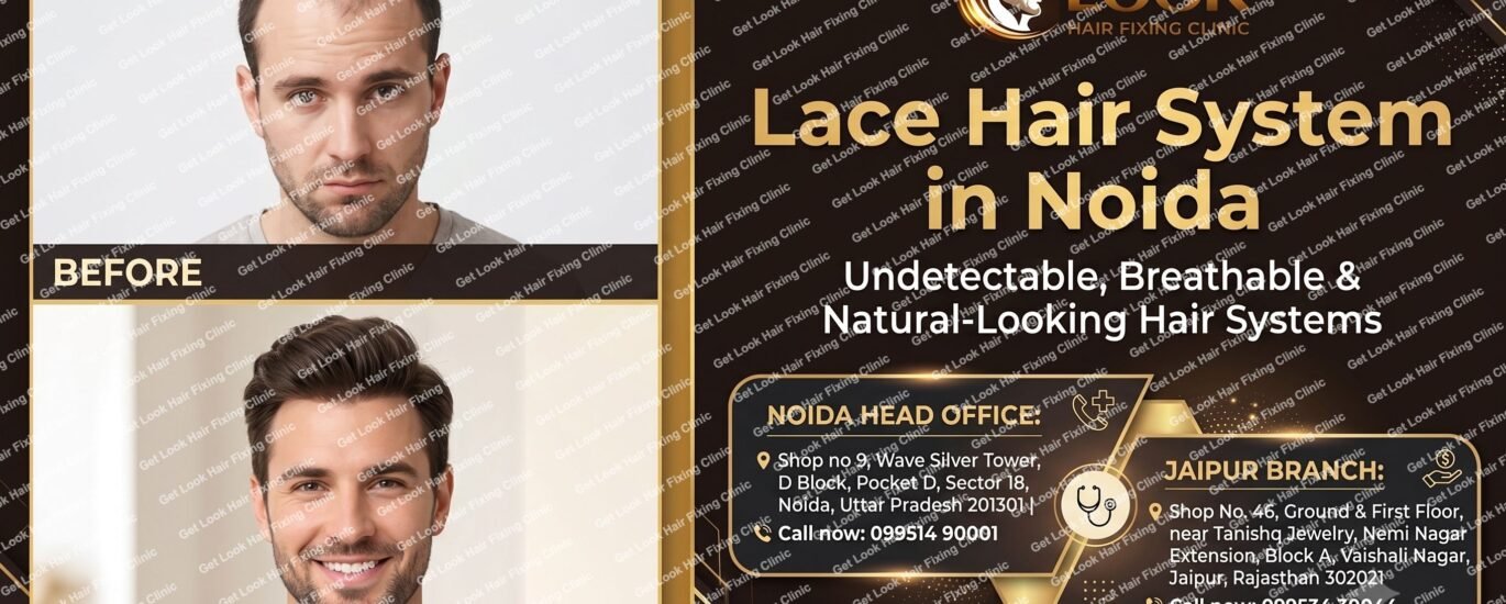 A black and gold promotional ad for Get Look Hair Fixing Clinic showing a split before-and-after portrait of a man's hair transformation using a lace hair system. Headline reads "Lace Hair System in Noida". Address and phone details for the Noida Head Office and Jaipur Branch are included at the bottom, along with the website URL www.getlookhairfixingclinic.in.
