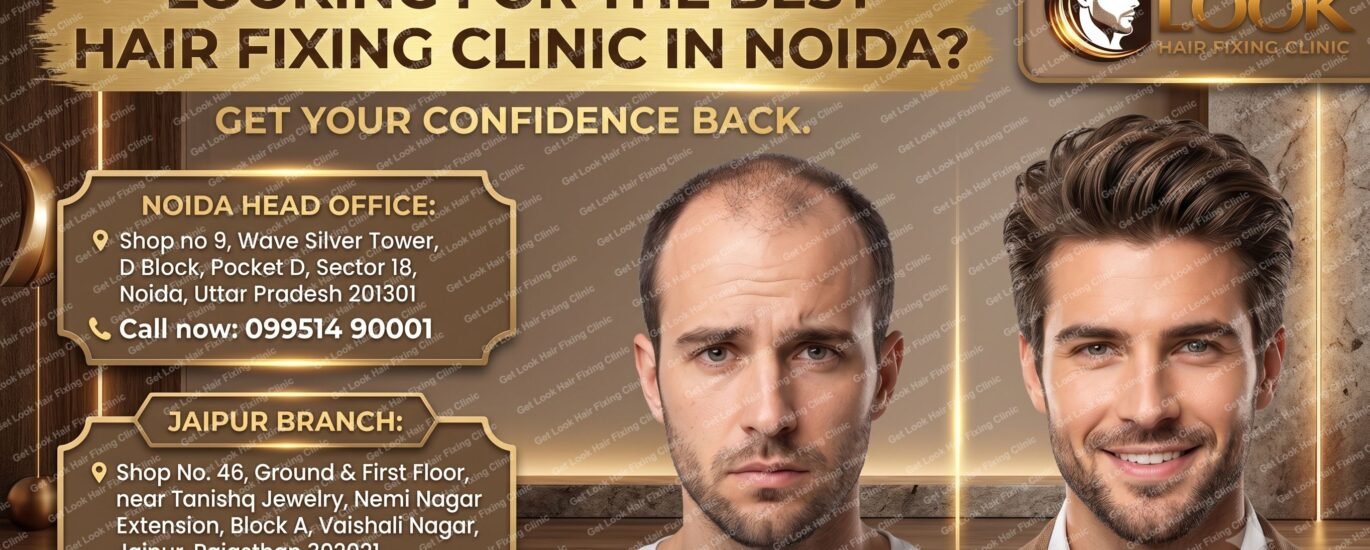 An advertisement banner for Get Look Hair Fixing Clinic. The top banner asks, "LOOKING FOR THE BEST HAIR FIXING CLINIC IN NOIDA?" followed by the subtitle "GET YOUR CONFIDENCE BACK." To the right is the clinic's logo with a gold profile of a man's head and the text "GET LOOK HAIR FIXING CLINIC". Center-right are two headshots of the same man; on the left, labeled "Before," he has extensive male pattern baldness; on the right, labeled "After," he has a full, styled, thick head of hair. Two gold-framed panels on the left list the clinic's locations: "NOIDA HEAD OFFICE" with a detailed address in Sector 18, and "JAIPUR BRANCH" with a detailed address in Vaishali Nagar, both including maps pin icons and "Call now" phone numbers. The background is a sophisticated office interior with vertical stone columns and wood paneling, featuring neon light strips and a crescent moon decorative light.