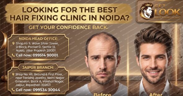 An advertisement banner for Get Look Hair Fixing Clinic. The top banner asks, "LOOKING FOR THE BEST HAIR FIXING CLINIC IN NOIDA?" followed by the subtitle "GET YOUR CONFIDENCE BACK." To the right is the clinic's logo with a gold profile of a man's head and the text "GET LOOK HAIR FIXING CLINIC". Center-right are two headshots of the same man; on the left, labeled "Before," he has extensive male pattern baldness; on the right, labeled "After," he has a full, styled, thick head of hair. Two gold-framed panels on the left list the clinic's locations: "NOIDA HEAD OFFICE" with a detailed address in Sector 18, and "JAIPUR BRANCH" with a detailed address in Vaishali Nagar, both including maps pin icons and "Call now" phone numbers. The background is a sophisticated office interior with vertical stone columns and wood paneling, featuring neon light strips and a crescent moon decorative light.