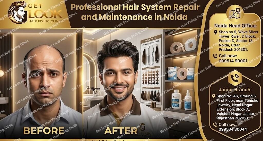 A promotional graphic for Get Look Hair Fixing Clinic titled "Professional Hair System Repair and Maintenance in Noida." The image features a split-screen before-and-after portrait of a man, showing noticeable hair loss on the left and a full, styled head of hair on the right. The background displays a modern clinic setting with various hair system repair tools, tapes, and products on shelves. The graphic includes the clinic's gold and black logo, website URL, and detailed contact information for their Noida Head Office and Jaipur Branch.