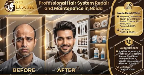 A promotional graphic for Get Look Hair Fixing Clinic titled "Professional Hair System Repair and Maintenance in Noida." The image features a split-screen before-and-after portrait of a man, showing noticeable hair loss on the left and a full, styled head of hair on the right. The background displays a modern clinic setting with various hair system repair tools, tapes, and products on shelves. The graphic includes the clinic's gold and black logo, website URL, and detailed contact information for their Noida Head Office and Jaipur Branch.