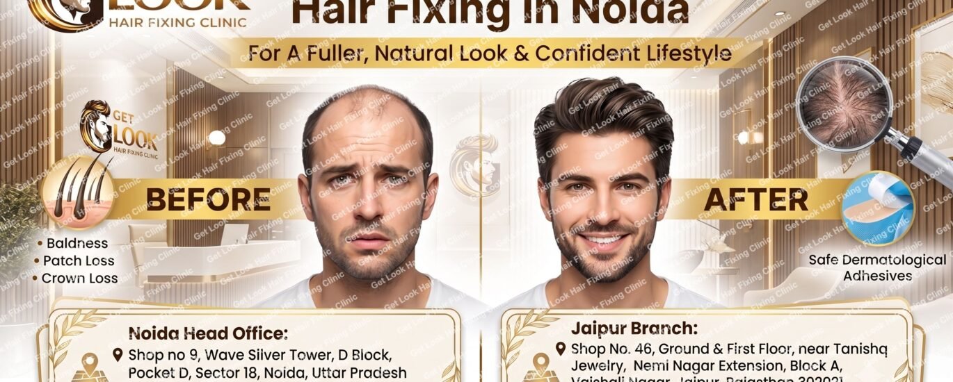 A promotional graphic for Get Look Hair Fixing Clinic titled "Scalp Health and Hair Fixing in Noida." The visual features a side-by-side before-and-after portrait of a man, demonstrating a transformation from hair thinning to a full, natural-looking head of hair. The design incorporates the clinic's gold and black logo, visual elements representing safe dermatological adhesives and scalp health, and detailed contact information for their Noida Head Office and Jaipur Branch, along with the website URL.