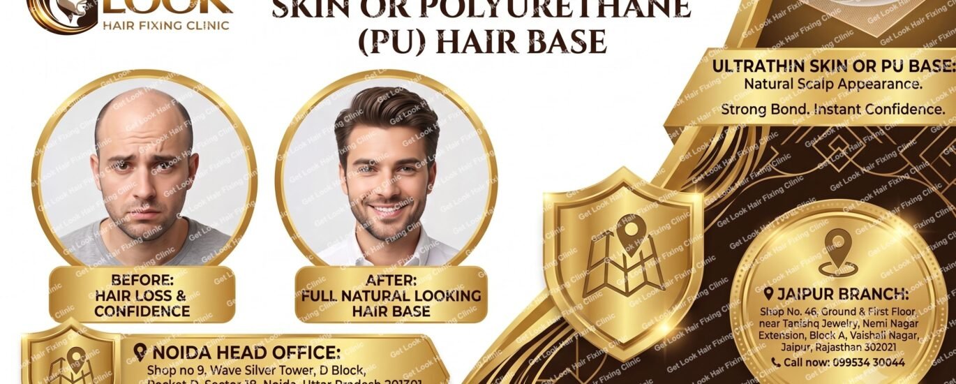 A promotional banner for Get Look Hair Fixing Clinic highlighting the "Skin or Polyurethane (PU) Hair Base". It features a before-and-after photo comparison of a man's hair restoration, an illustration of the ultra-thin base material, and detailed address and contact information for the Noida and Jaipur branches.