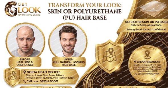 A promotional banner for Get Look Hair Fixing Clinic highlighting the "Skin or Polyurethane (PU) Hair Base". It features a before-and-after photo comparison of a man's hair restoration, an illustration of the ultra-thin base material, and detailed address and contact information for the Noida and Jaipur branches.