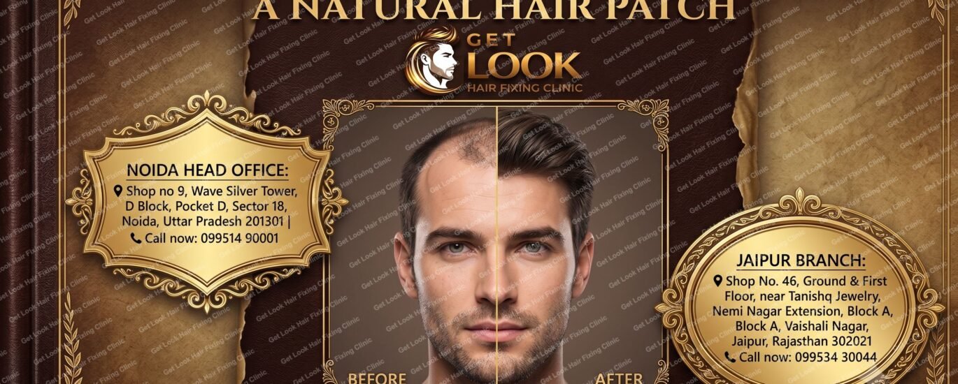 A promotional graphic for Get Look Hair Fixing Clinic titled "The Ultimate Guide to Getting a Natural Hair Patch," featuring a split before-and-after portrait of a man's hair restoration, alongside contact details for their Noida and Jaipur branches on a brown and gold background.