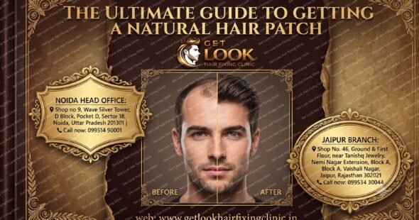 A promotional graphic for Get Look Hair Fixing Clinic titled "The Ultimate Guide to Getting a Natural Hair Patch," featuring a split before-and-after portrait of a man's hair restoration, alongside contact details for their Noida and Jaipur branches on a brown and gold background.