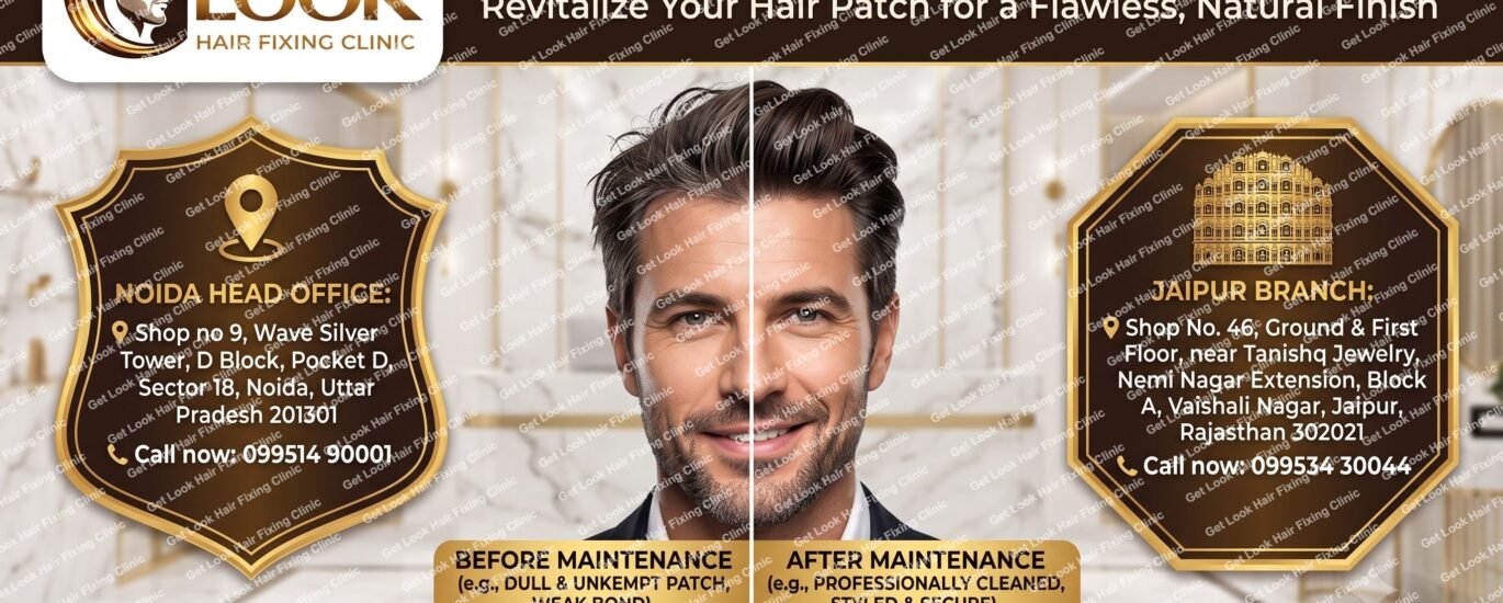 A promotional banner for Get Look Hair Fixing Clinic titled "HAIR SYSTEM MAINTENANCE JAIPUR". The center features a split before-and-after portrait of a smiling man, contrasting a dull, unkempt patch before maintenance with a professionally cleaned and styled look after maintenance. Flanking the portrait are ornate gold plaques detailing the addresses and contact numbers for the Noida Head Office and Jaipur Branch. The bottom banner lists services including "Expert Care," "Deep Cleaning," "Re-Bonding," and "Styling" alongside the clinic's website.