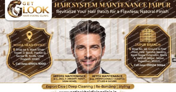 A promotional banner for Get Look Hair Fixing Clinic titled "HAIR SYSTEM MAINTENANCE JAIPUR". The center features a split before-and-after portrait of a smiling man, contrasting a dull, unkempt patch before maintenance with a professionally cleaned and styled look after maintenance. Flanking the portrait are ornate gold plaques detailing the addresses and contact numbers for the Noida Head Office and Jaipur Branch. The bottom banner lists services including "Expert Care," "Deep Cleaning," "Re-Bonding," and "Styling" alongside the clinic's website.